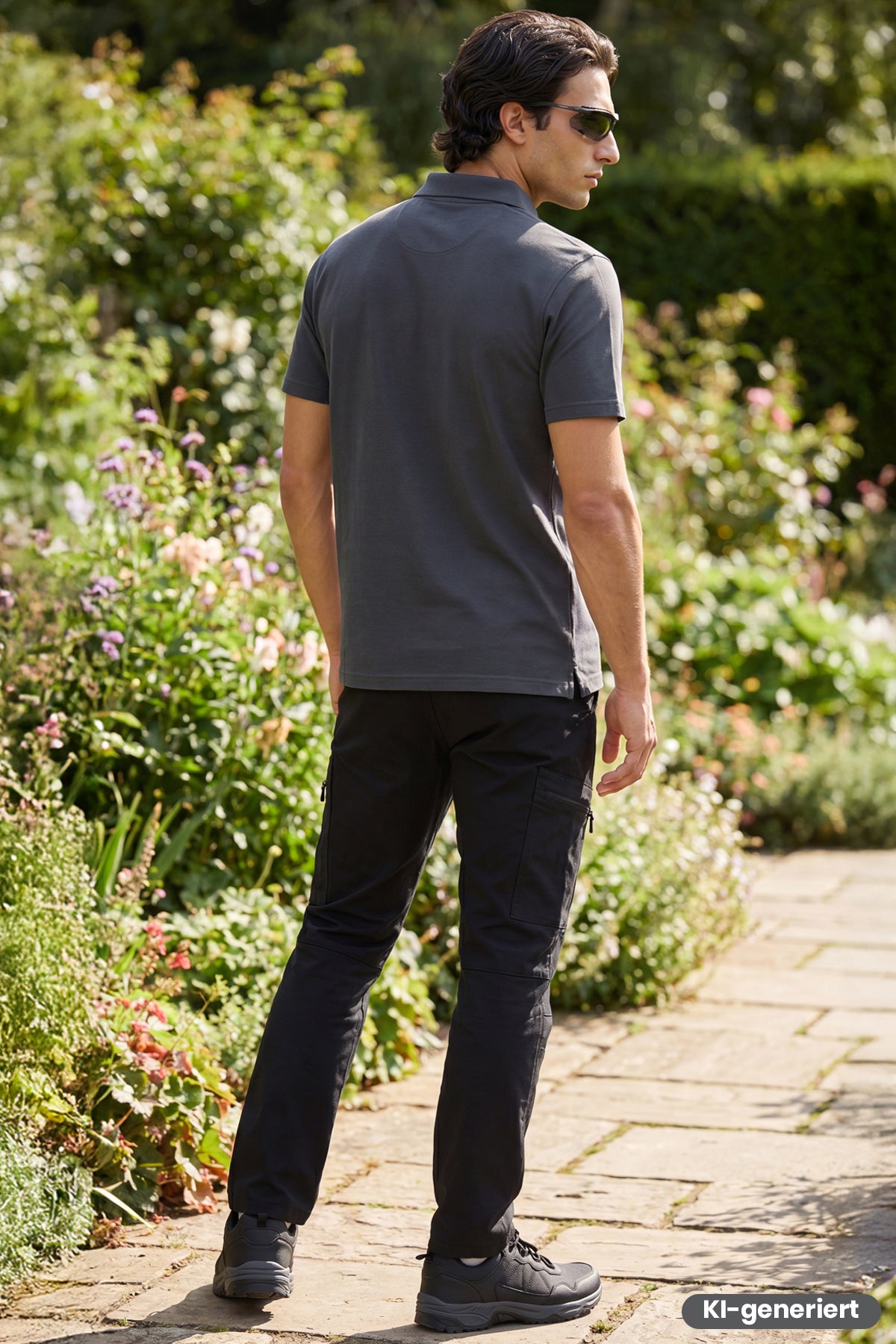 Herren Outdoorhose in dunklem Schwarz, Rückansicht mit geradem Bein und Taschen