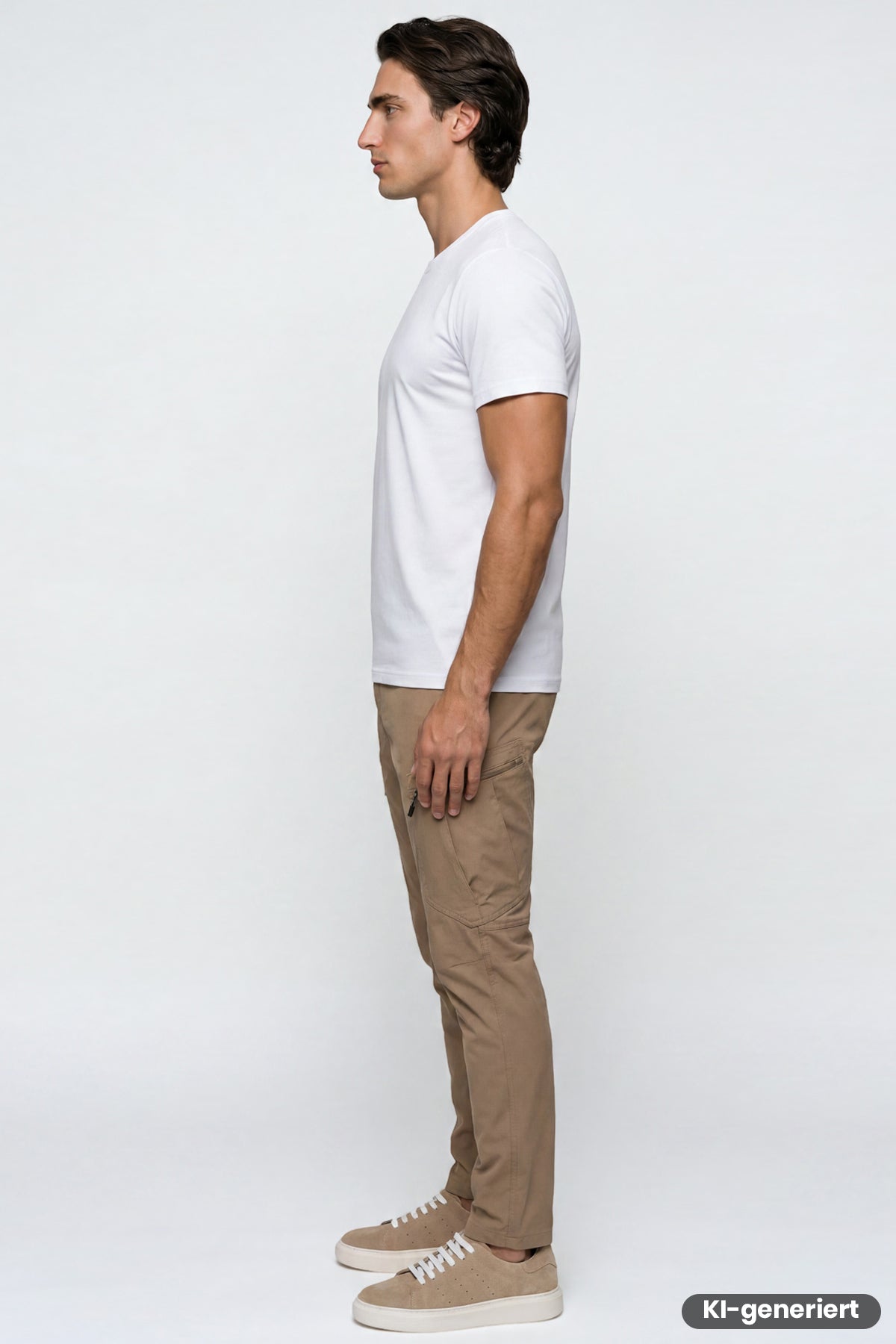 Herren-Outdoorhose Beige mit schmalem Bein und Seitentaschen, seitliche Ansicht.