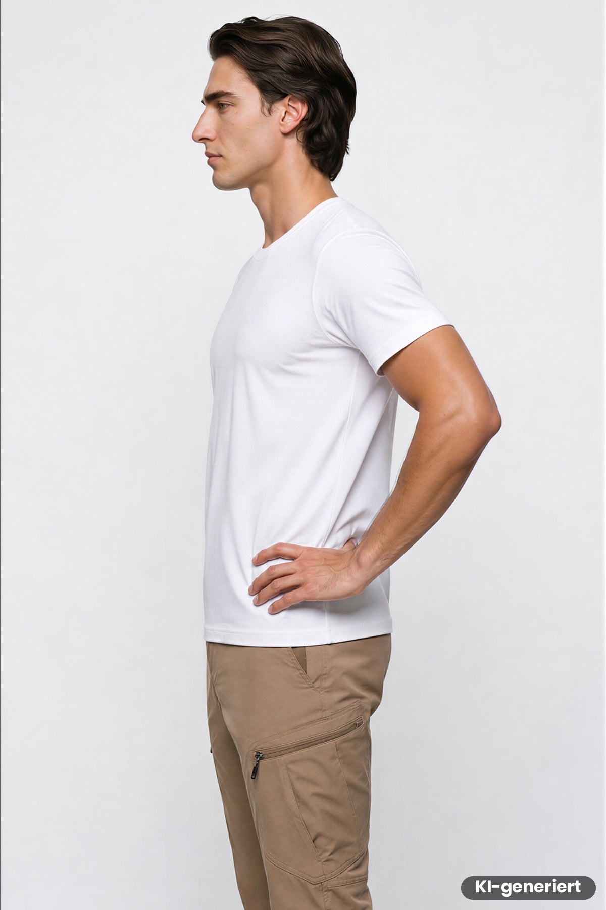 Herren-Outdoorhose Beige mit Beintasche und geradem Schnitt, Seitenansicht.