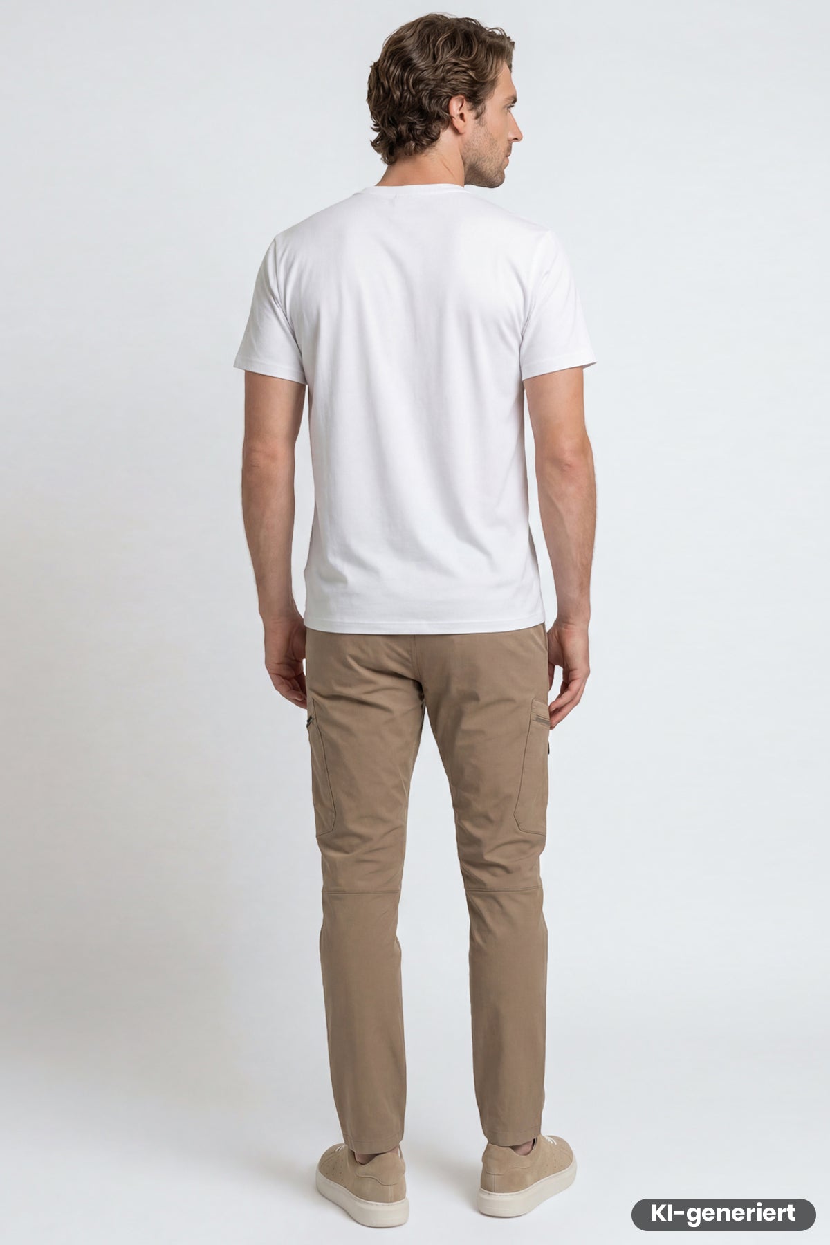 Herren-Outdoorhose Beige, Rückansicht mit geradem Schnitt und Knopfverschluss.