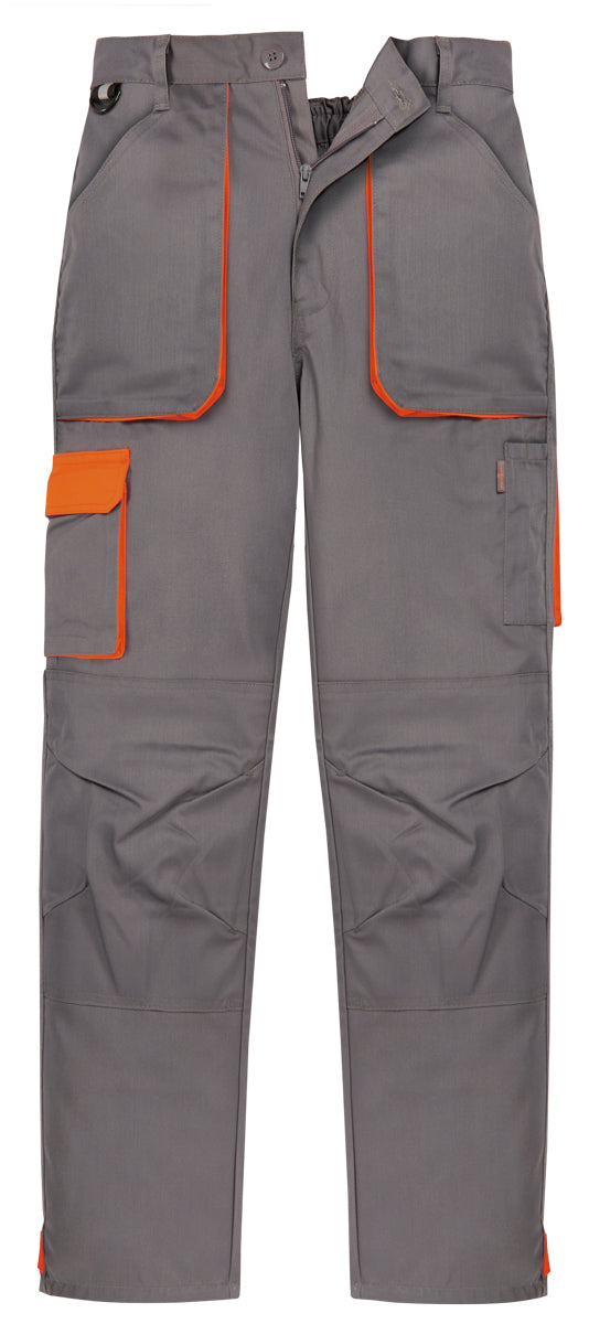 Arbeitshose in Grau mit orangefarbenen Ziernähten und mehreren Taschen