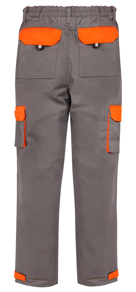 Arbeitshose in Grau mit elastischem Bund, Knietaschen und orangefarbenen Einsätzen