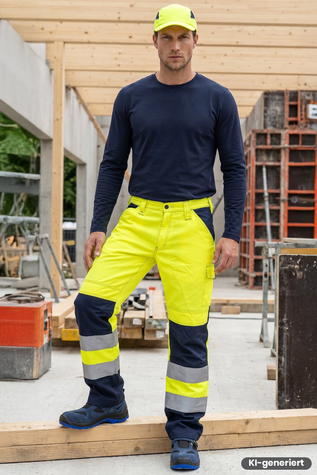 Arbeitsbundhose gelb mit marineblauen Einsätzen, reflektierenden Streifen und Knietaschen