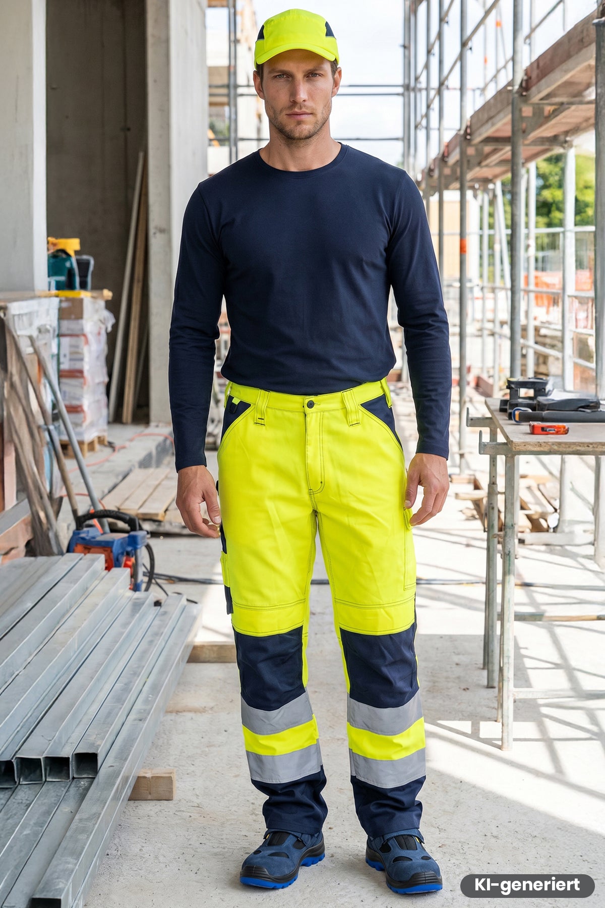 Arbeitsbundhose gelb mit marineblauen Beinteilen und reflektierenden Streifen, viele Taschen