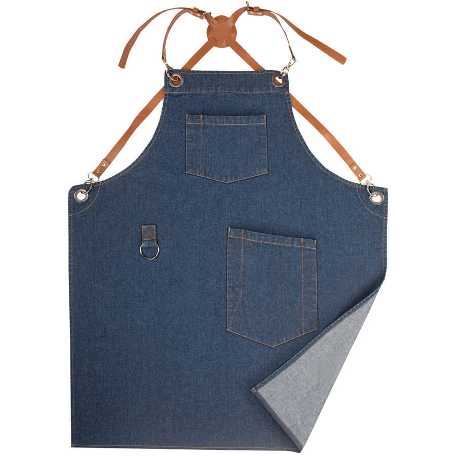 Marineblaue Barista-Schürze aus Jeans mit zwei Taschen und Lederriemen