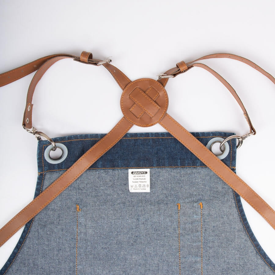 Marineblaue Barista-Schürze mit verstellbaren Lederriemen, Metallösen und Brusttasche