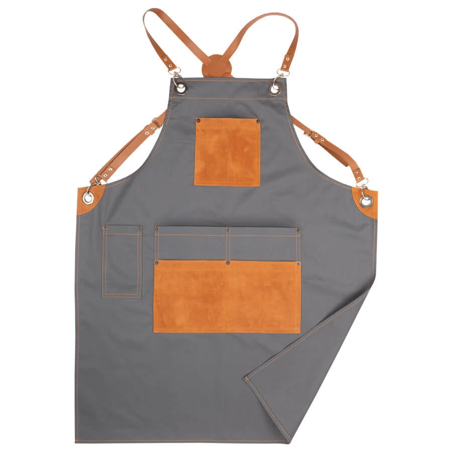 Grau Chef-Schürze mit braunen Lederriemen und mehreren Taschen mit Kontrastnähten