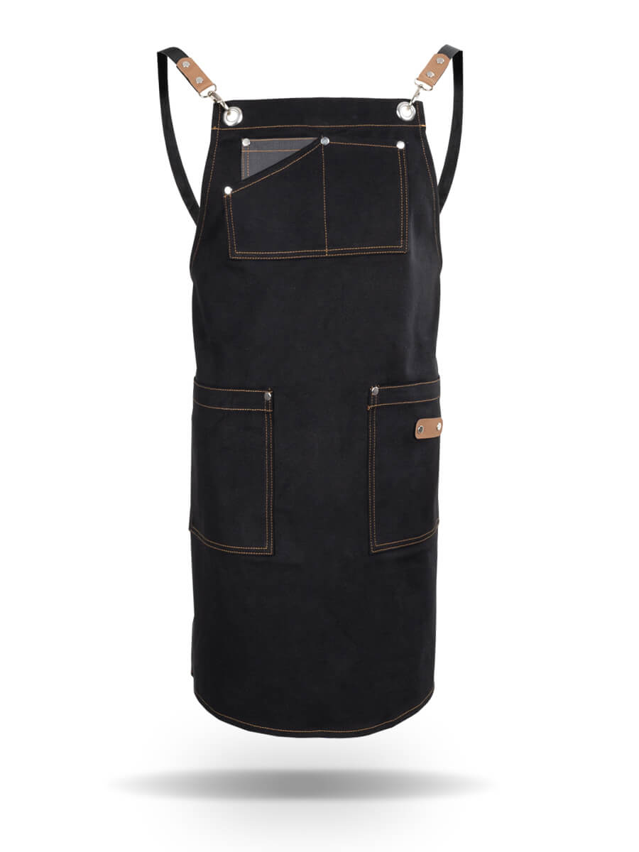 Schürze ISM 1805 dunkel, vorne zwei Taschen und Brustfach, braune Lederriemen, Hängeschlaufe