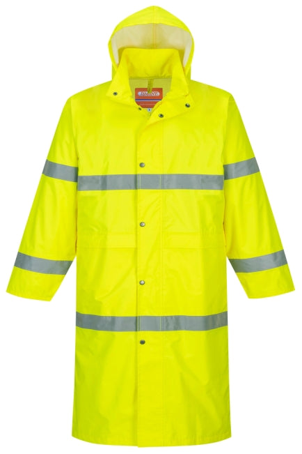 Gelber Warnschutz-Regenmantel mit Kapuze und Reflexstreifen, Knopfleiste