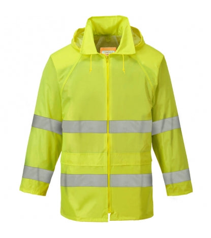 Warnschutz-Regenjacke gelb mit Kapuze und breiten Reflexstreifen, Frontreißverschluss