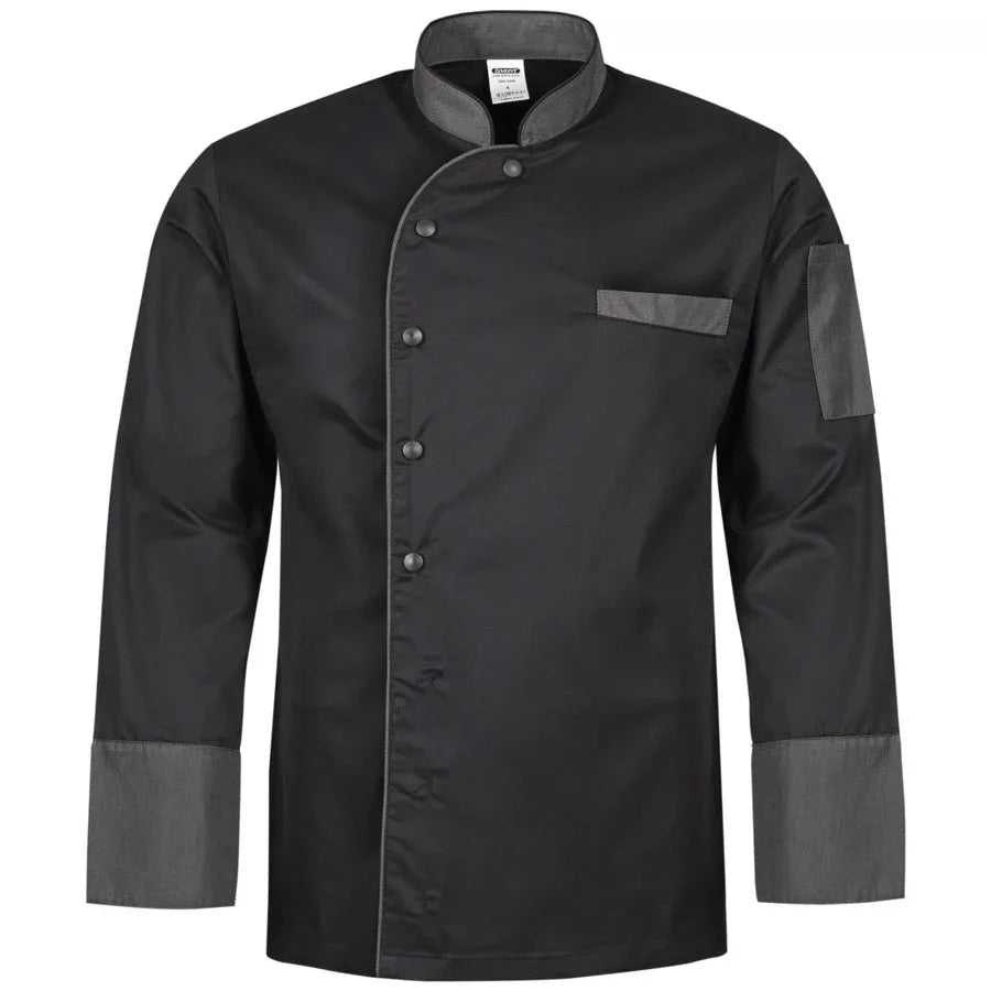 Herrenkochjacke aus Stretch, schwarz, Knopfleiste, Brusttasche, graue Ärmelabschlüsse