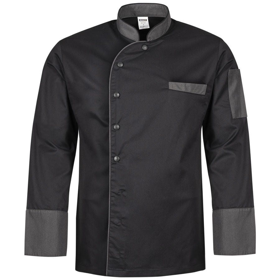 Schwarze Kochjacke mit Stehkragen, Knopfleiste und Brusttasche, Ärmelbündchen in Grau
