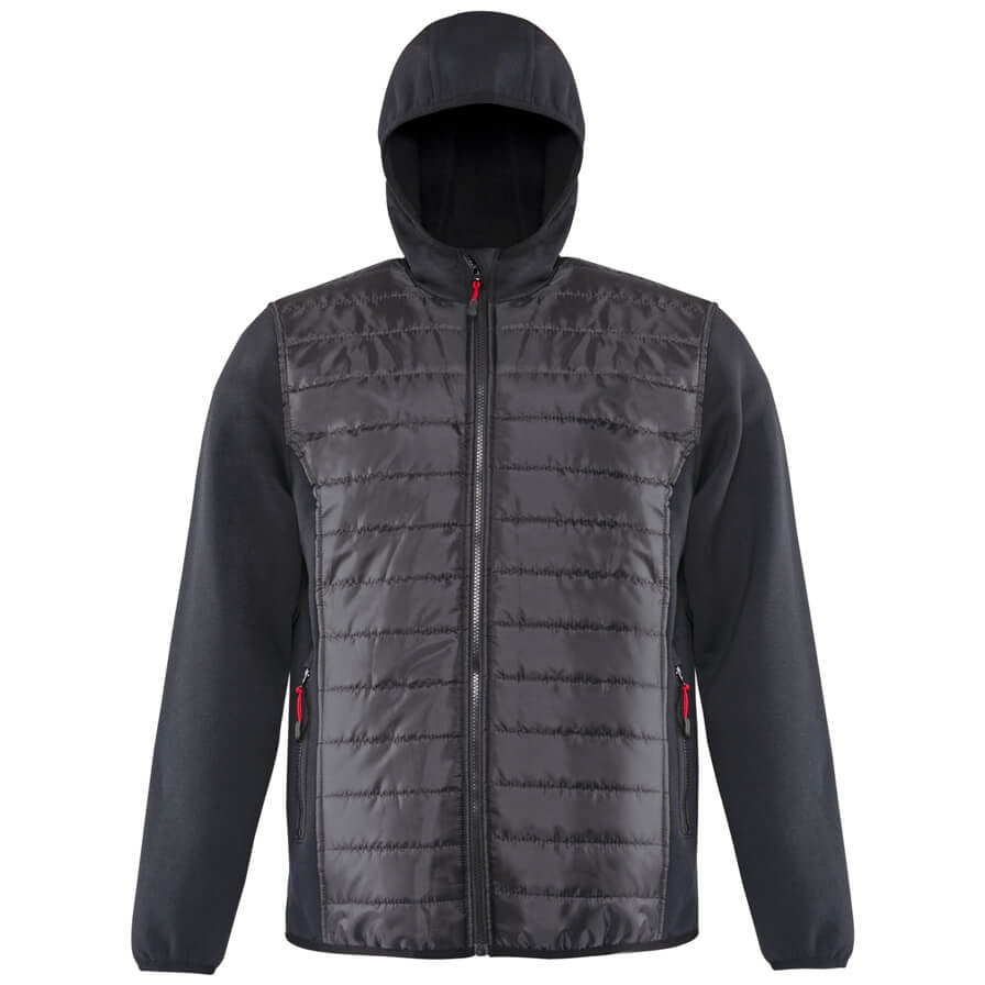 Schwarze Thermojacke mit Kapuze, durchgehender Frontreißverschluss und seitliche Taschenöffnungen