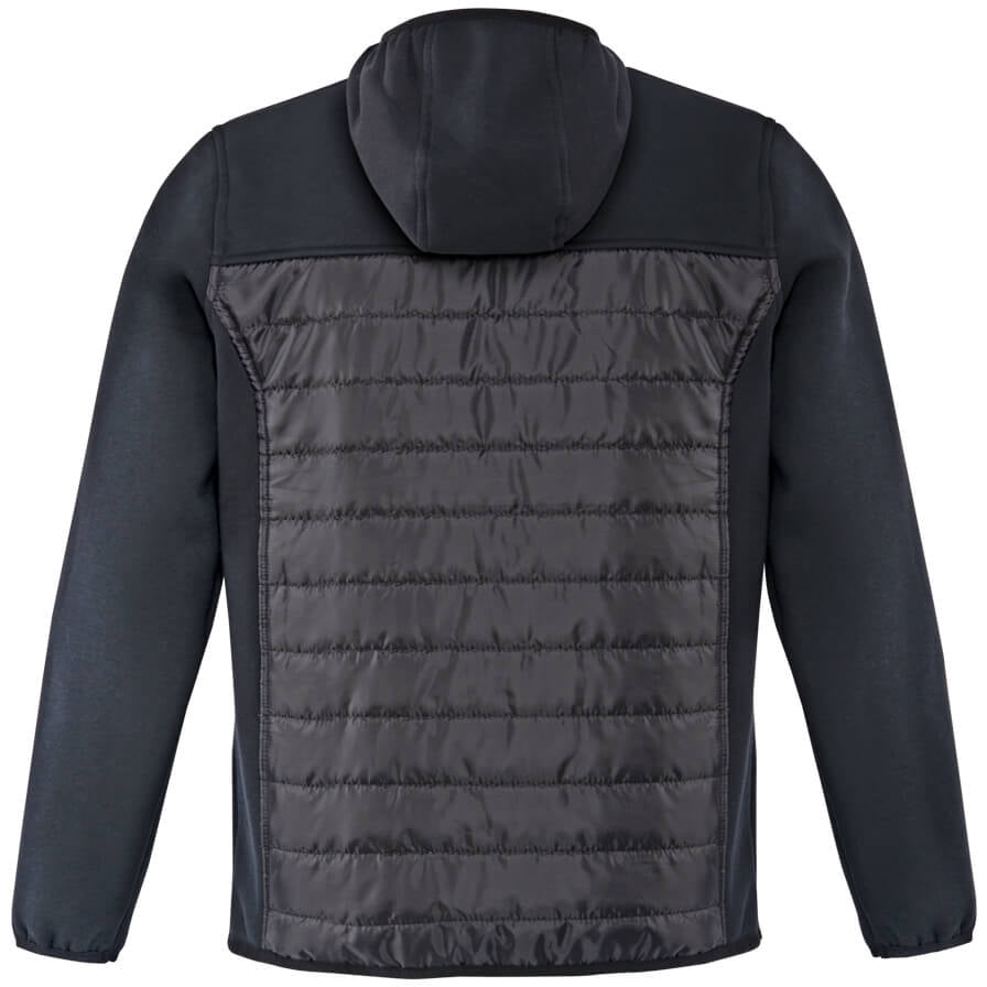 Schwarze Thermojacke mit Kapuze, gestepptes Vorderteil mit durchgehendem Reißverschluss