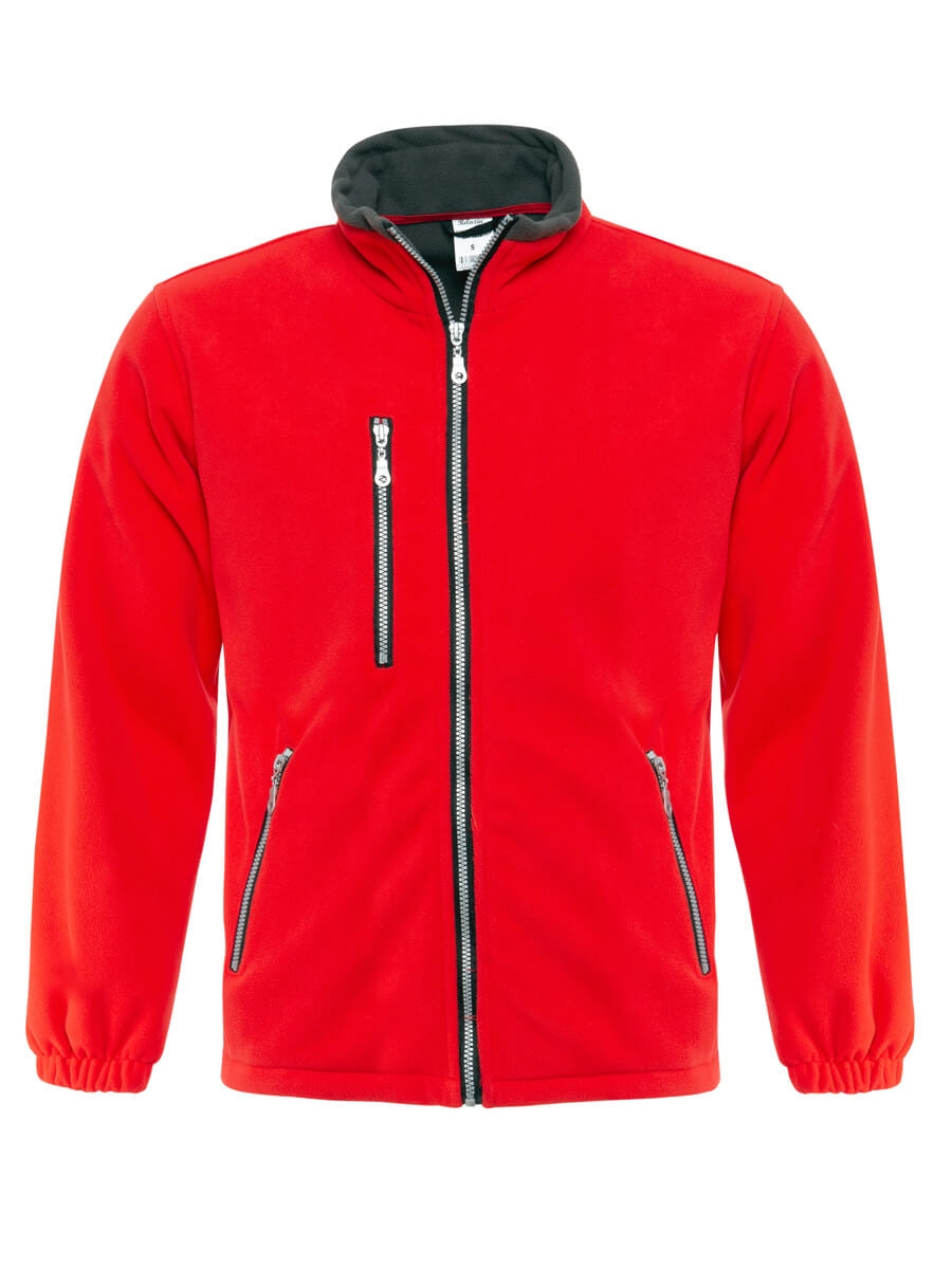 Rote Sweatjacke mit Kapuze, durchgehendem Reißverschluss und seitlichen Eingrifftaschen