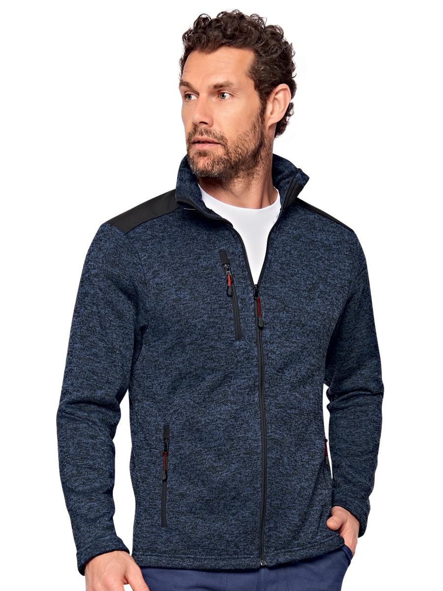Dunkelblaue Strickfleece-Jacke für Herren mit durchgehendem Reißverschluss, Stehkragen