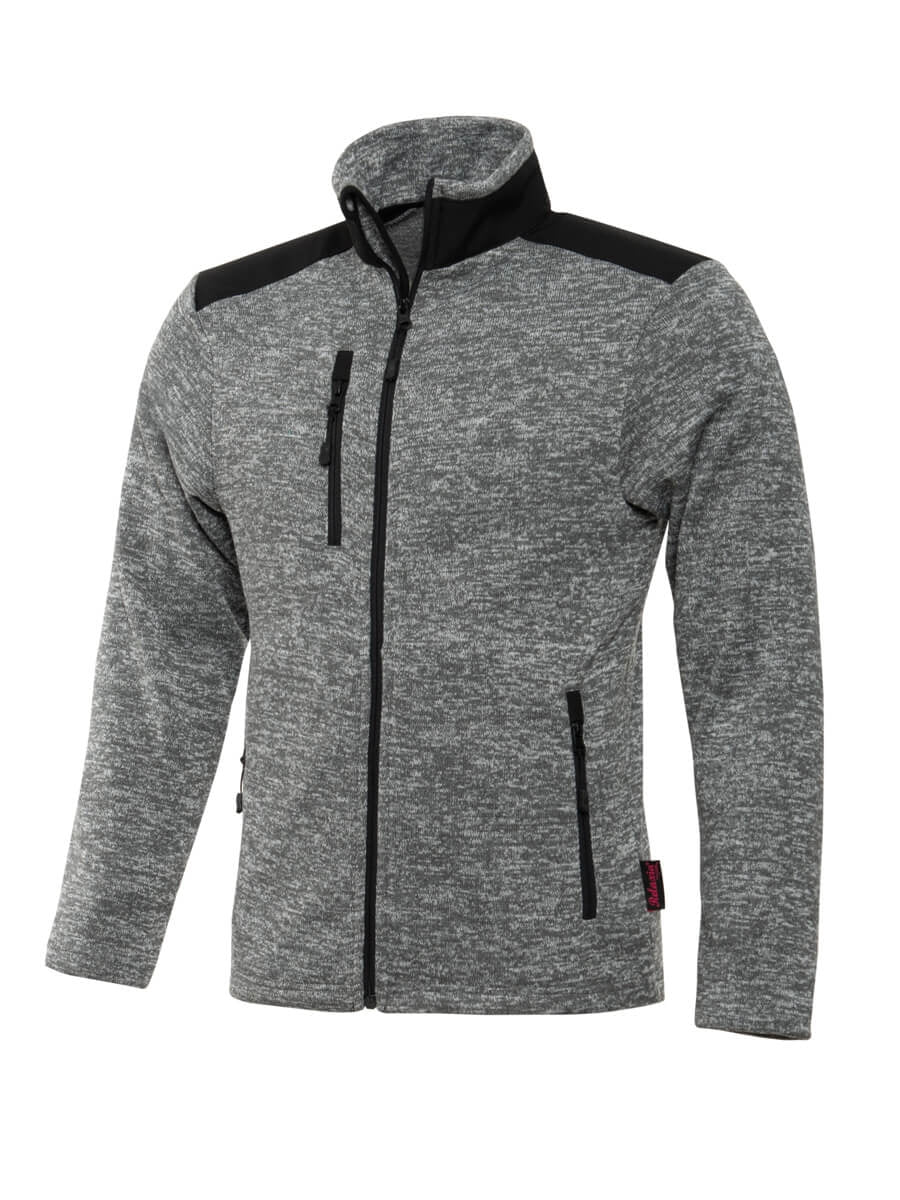 Grau melierte Strickfleece-Jacke mit Kapuze, durchgehendem Reißverschluss und schwarzen Details