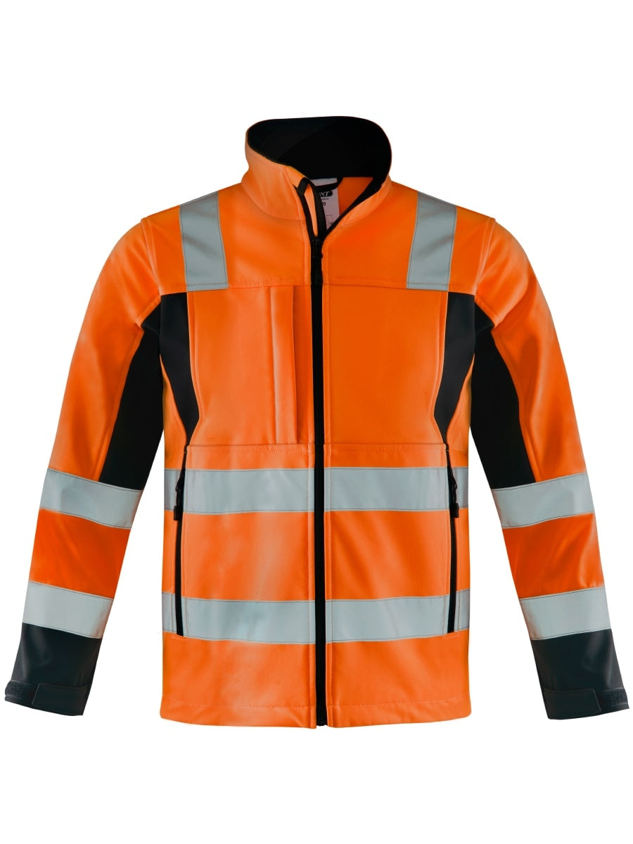 Softshelljacke orange/schwarz mit Kapuze und reflektierenden Streifen