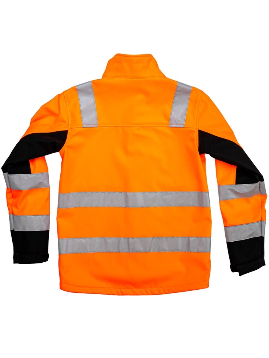 Softshelljacke hinten orange mit Kapuze, reflektierenden Streifen und schwarzen Ärmeln