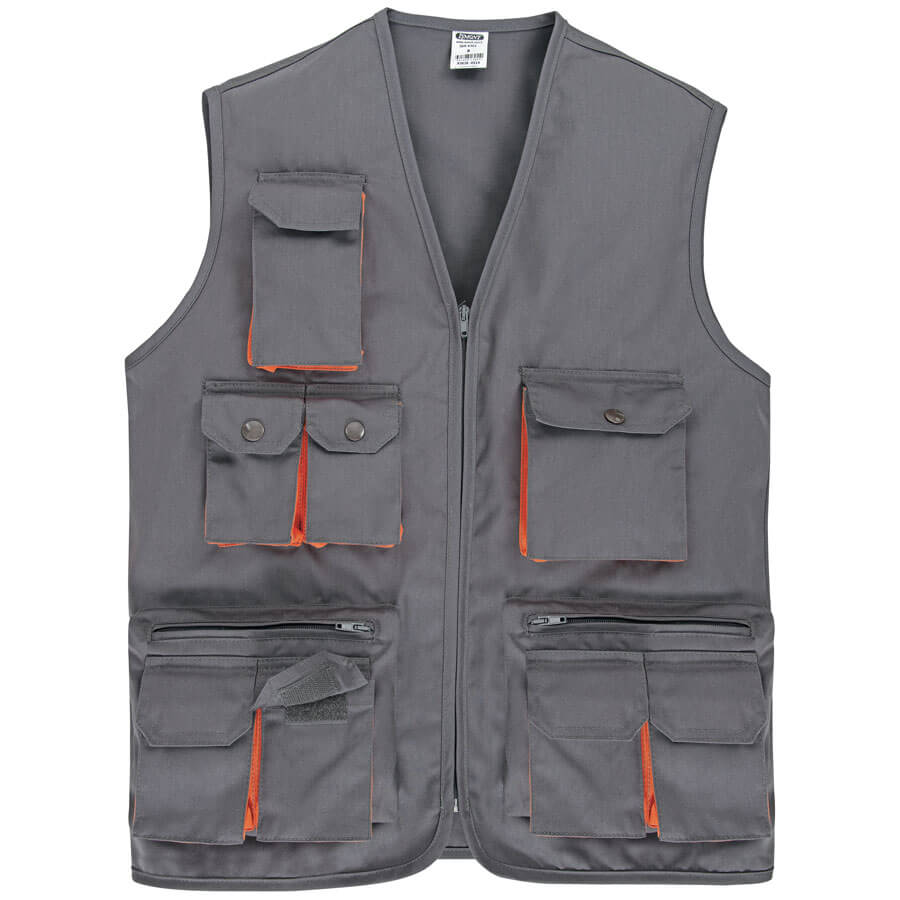 Arbeitsweste WEST / ISM 4302, grau, Frontreißverschluss, viele Taschen mit orange Kanten