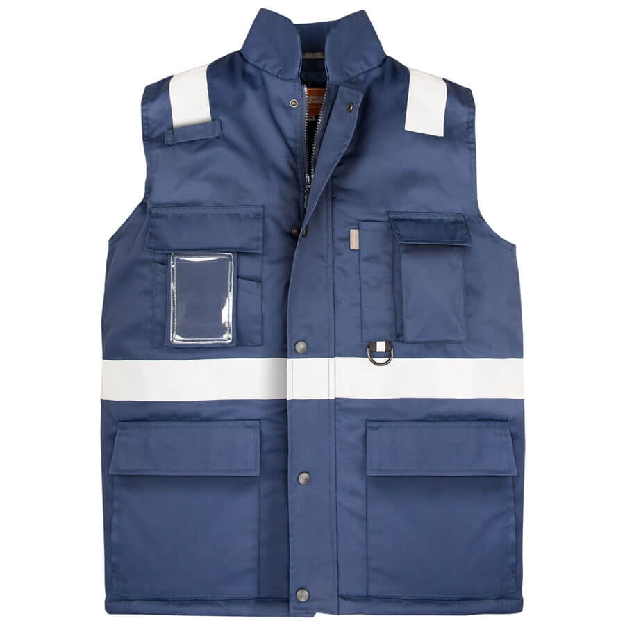 Marineblaue Arbeitsweste mit Reflexstreifen, Frontreißverschluss und mehreren Taschen