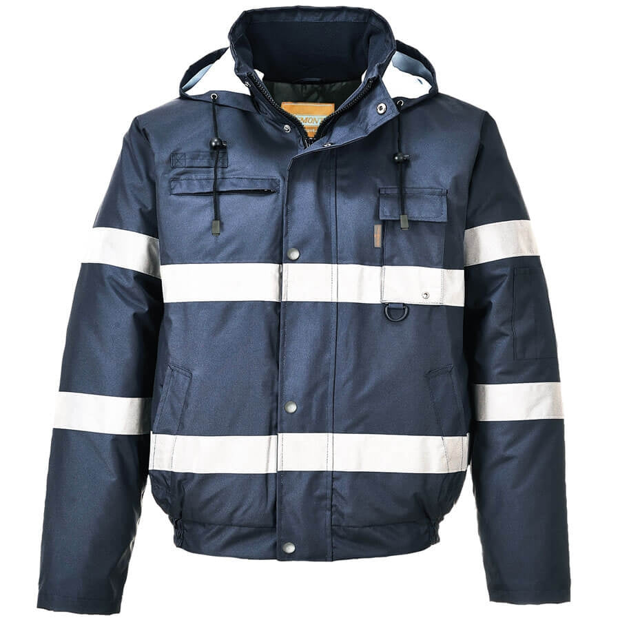 Marineblaue Arbeitsjacke mit Kapuze, durchgehendem Reißverschluss und reflektierenden Streifen