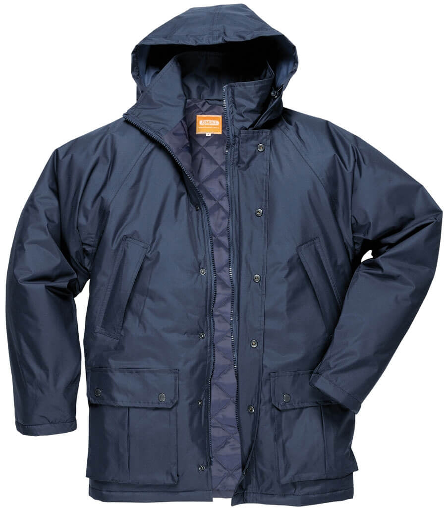 Marineblaue Parka mit Kapuze, durchgehendem Reißverschluss, Druckknöpfen und Fronttaschen