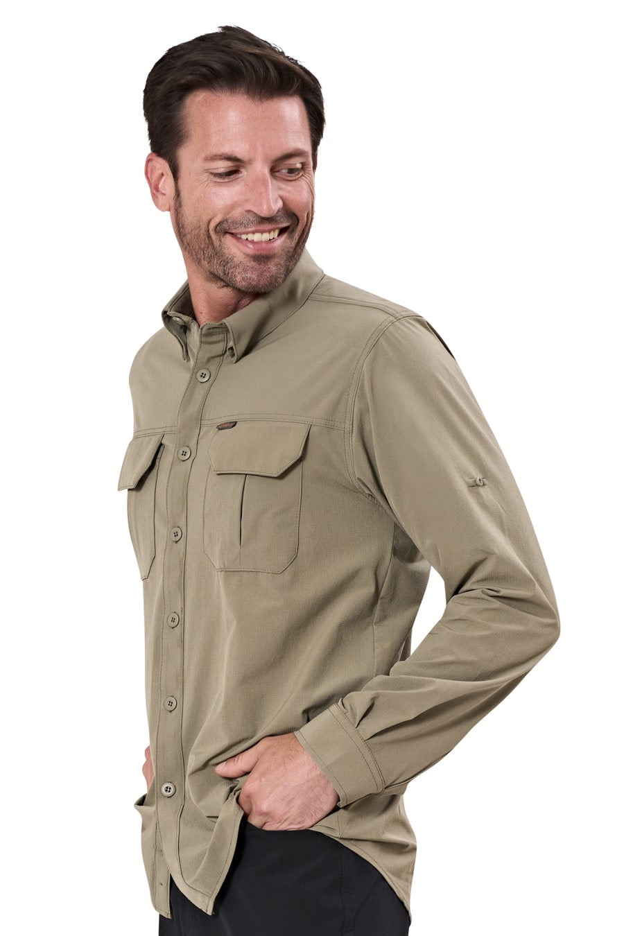 Beigefarbenes Outdoor-Hemd mit Brusttaschen und Kragen, Seitenansicht
