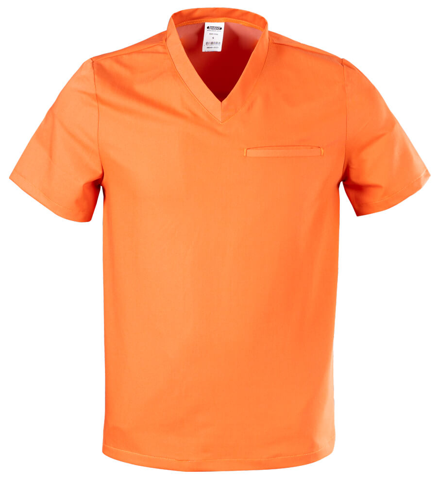 Orangefarbenes Scrub-Oberteil mit V-Ausschnitt, kurzem Ärmel und Brusttasche