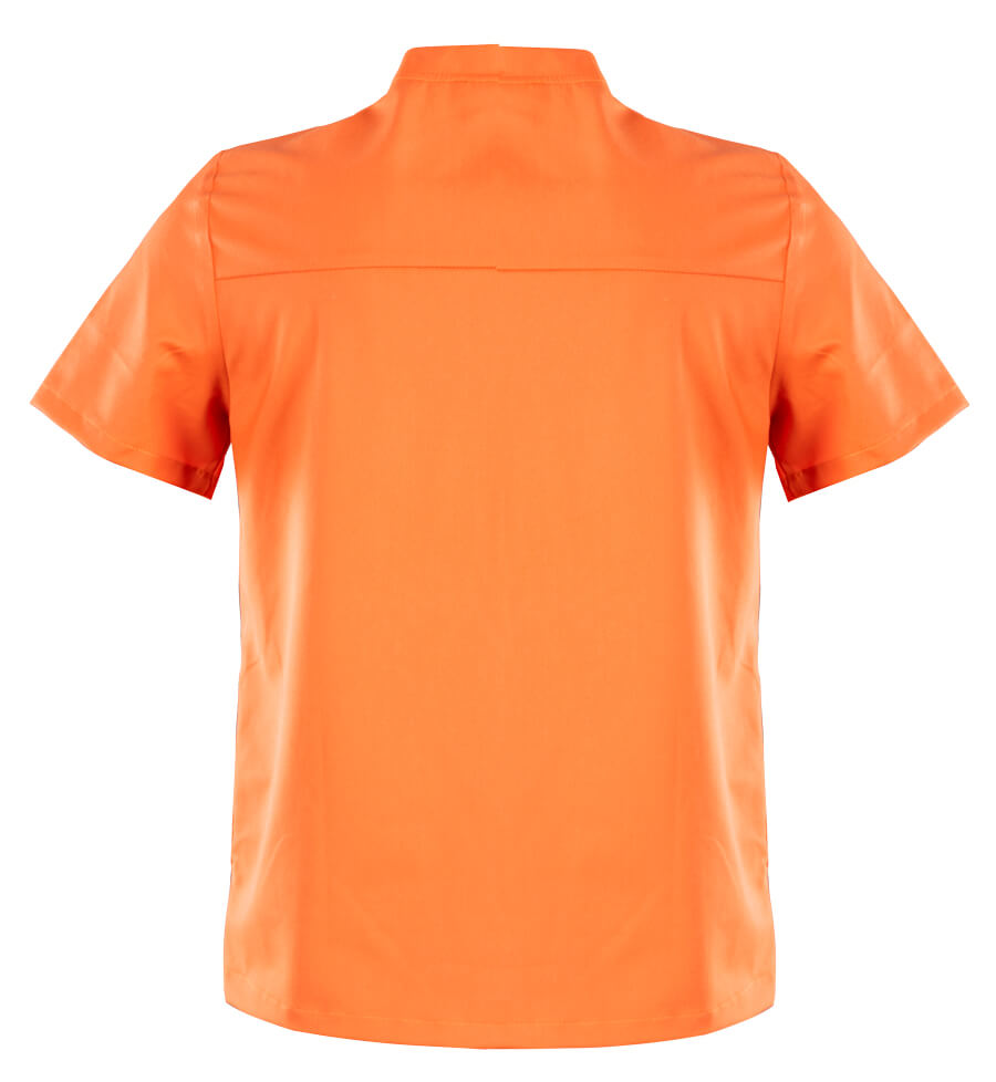 Orangefarbenes Scrub-Oberteil, Rückansicht mit Rundhalsausschnitt und kurzen Ärmeln