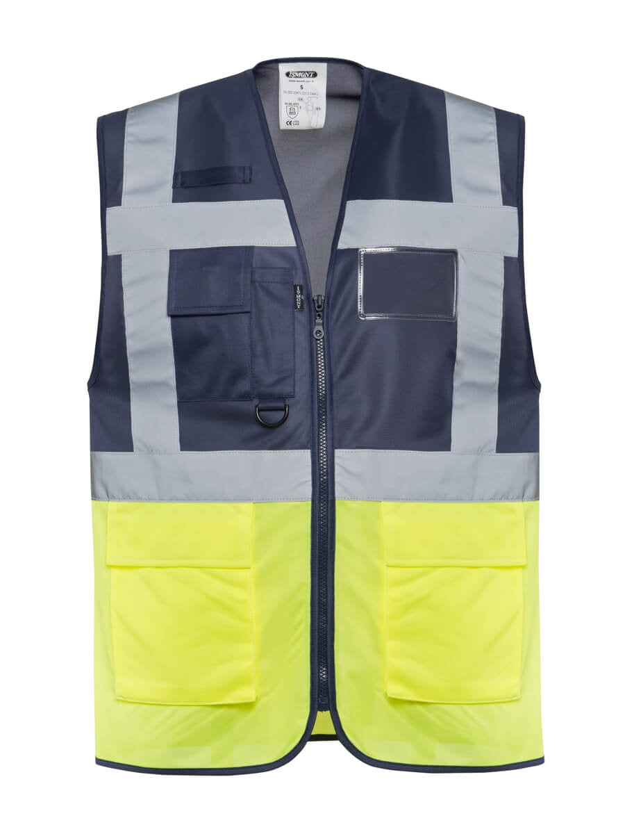 Warnweste marineblau mit gelben Einsätzen, Frontreißverschluss und mehreren Taschen