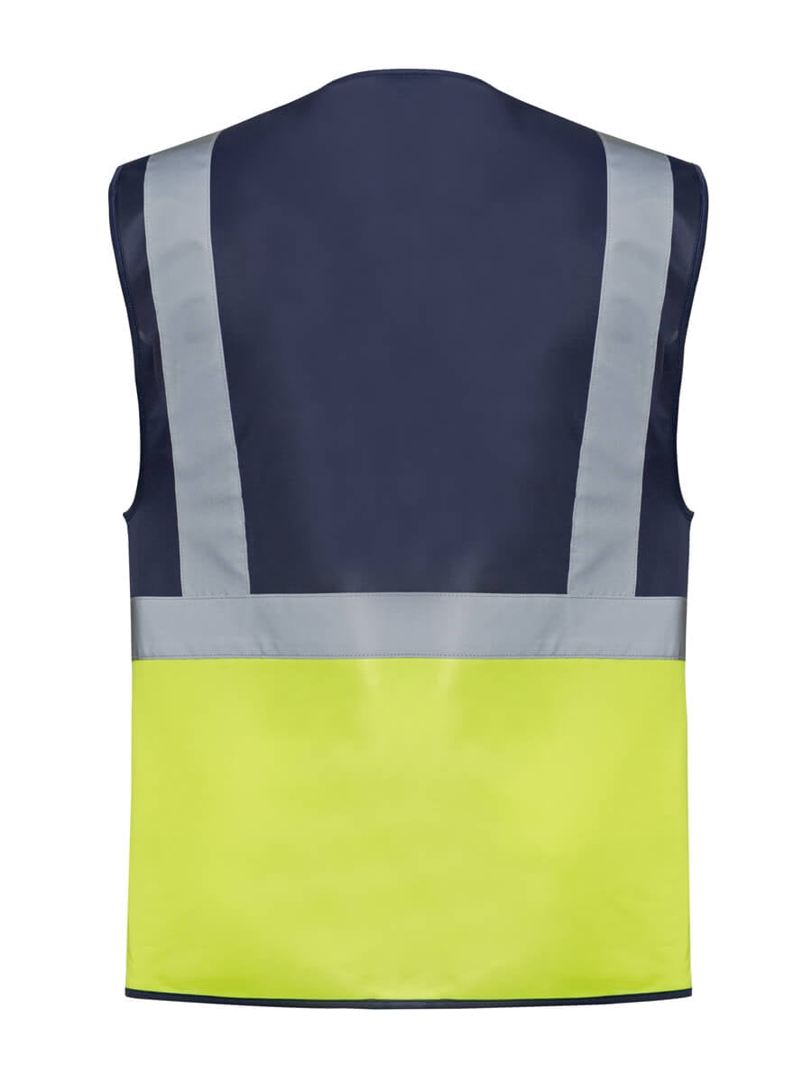 Warnweste marineblau mit reflektierenden Streifen und gelbem Mittelteil