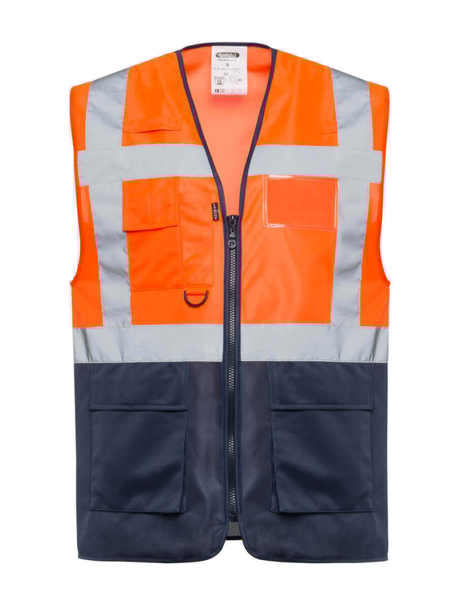Warnweste: orange Signalfarbe mit Reflexstreifen, marineblaue Front mit Reißverschluss & Taschen
