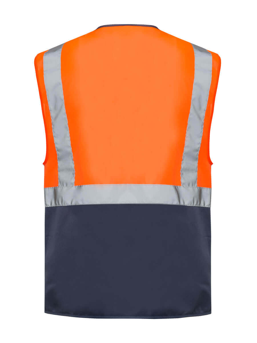 Warnweste Rückseite: orange mit Reflexstreifen, unterer Teil marineblau