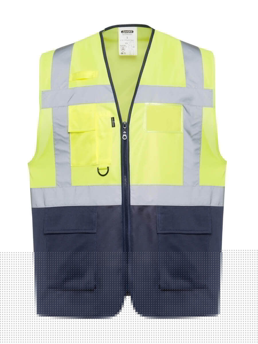 Warnweste: gelb-neon/marineblau, Frontreißverschluss, Reflexstreifen, 2 Taschen
