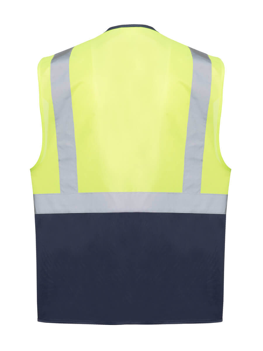 Warnweste Rückenansicht: gelb-neon, marineblau, Reflexstreifen