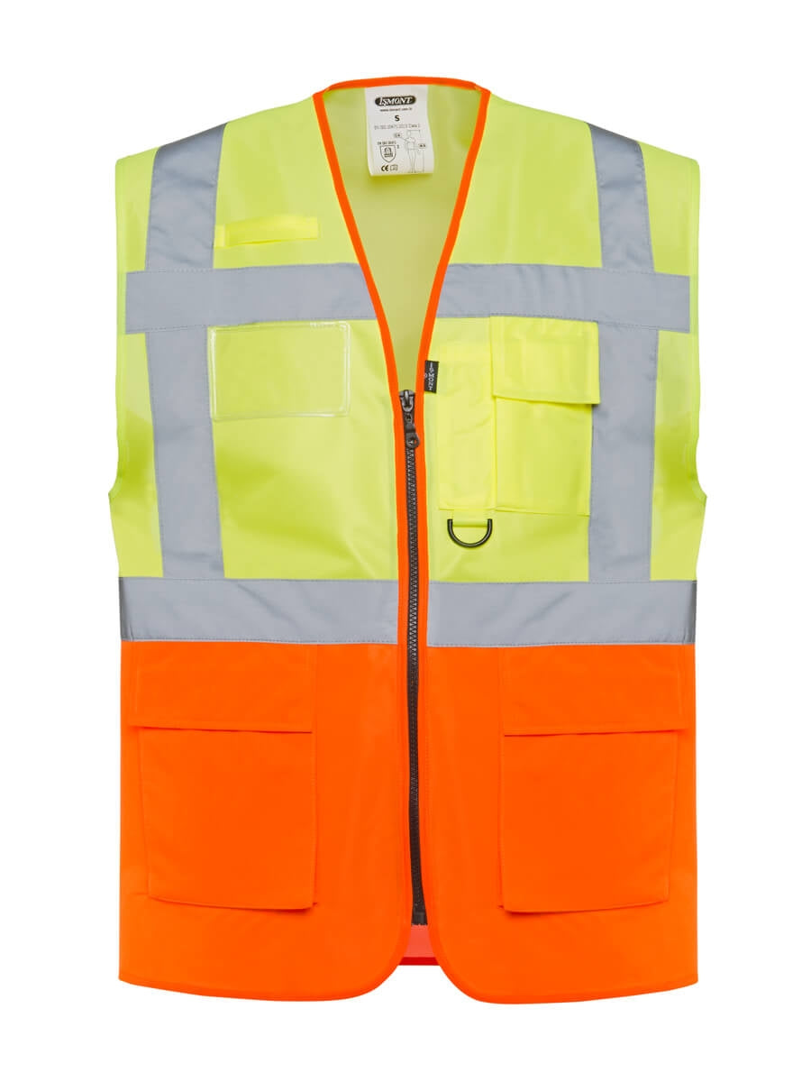 Warnschutzweste zweifarbig gelb/orange mit Reißverschluss und reflektierenden Streifen, vorn