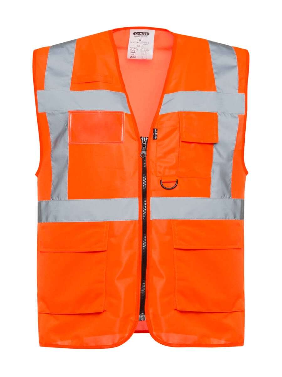 Warnschutzweste orange mit silbernen Reflexstreifen, Frontreißverschluss und Taschen