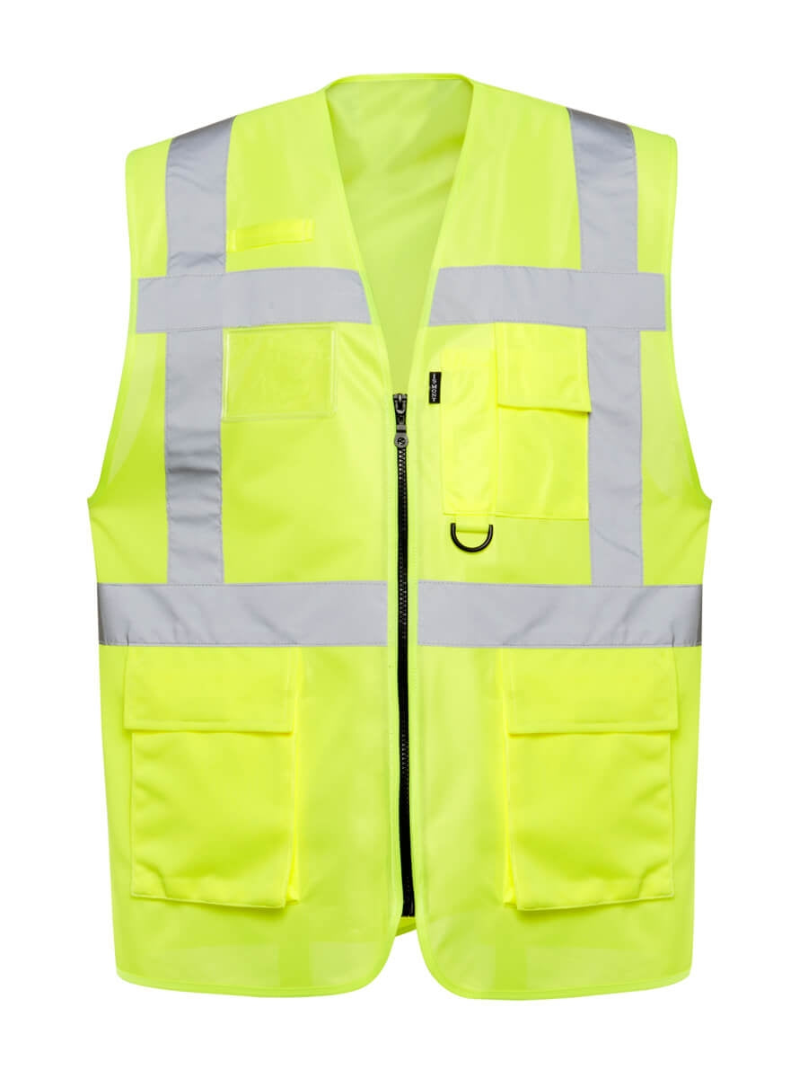 Warnschutzweste ISM 5806 in gelb mit breiten Reflexstreifen, vorn Reißverschluss und Taschen