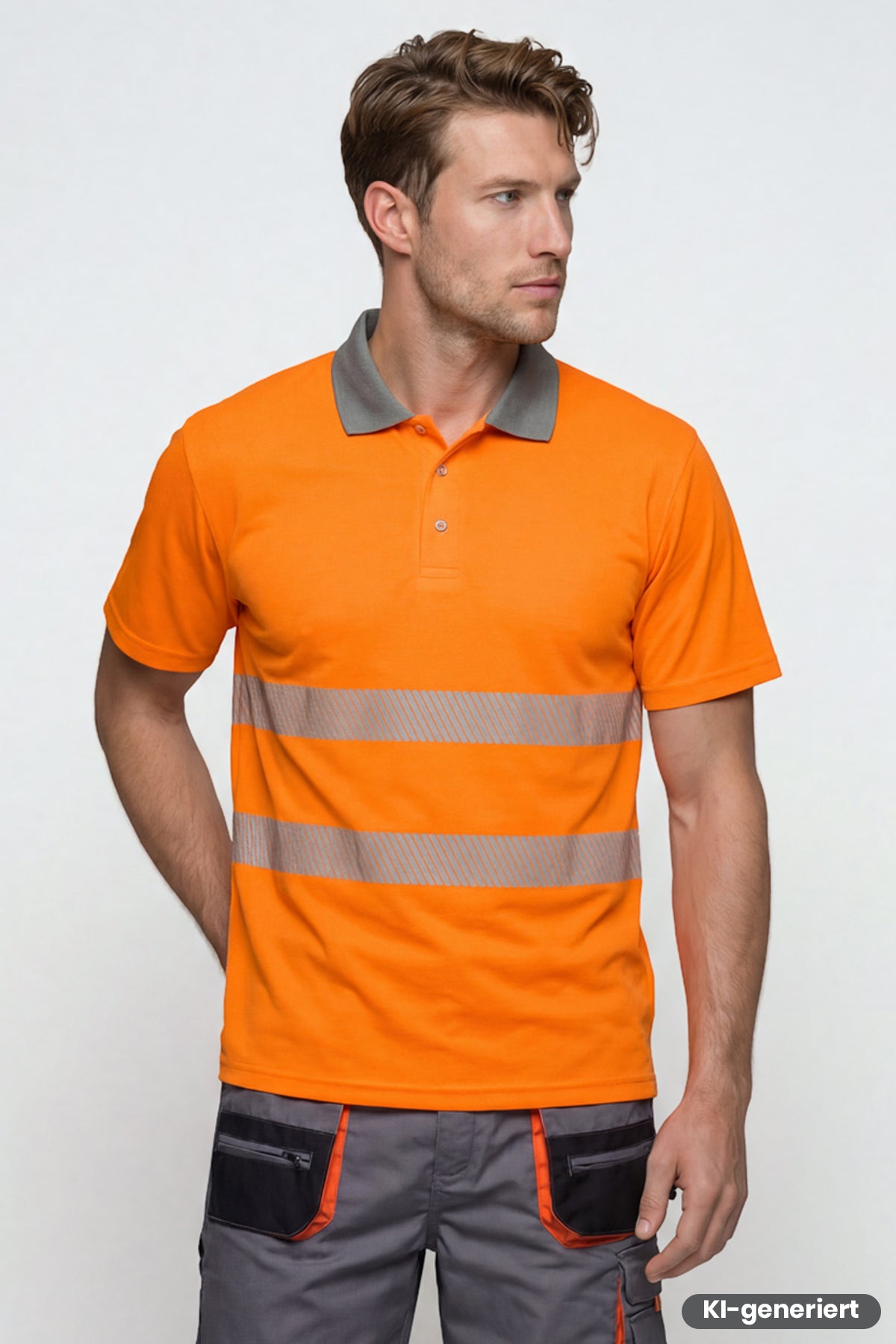Warnschutz-Poloshirt orange mit silbernen Reflexstreifen und kurzem Kragen