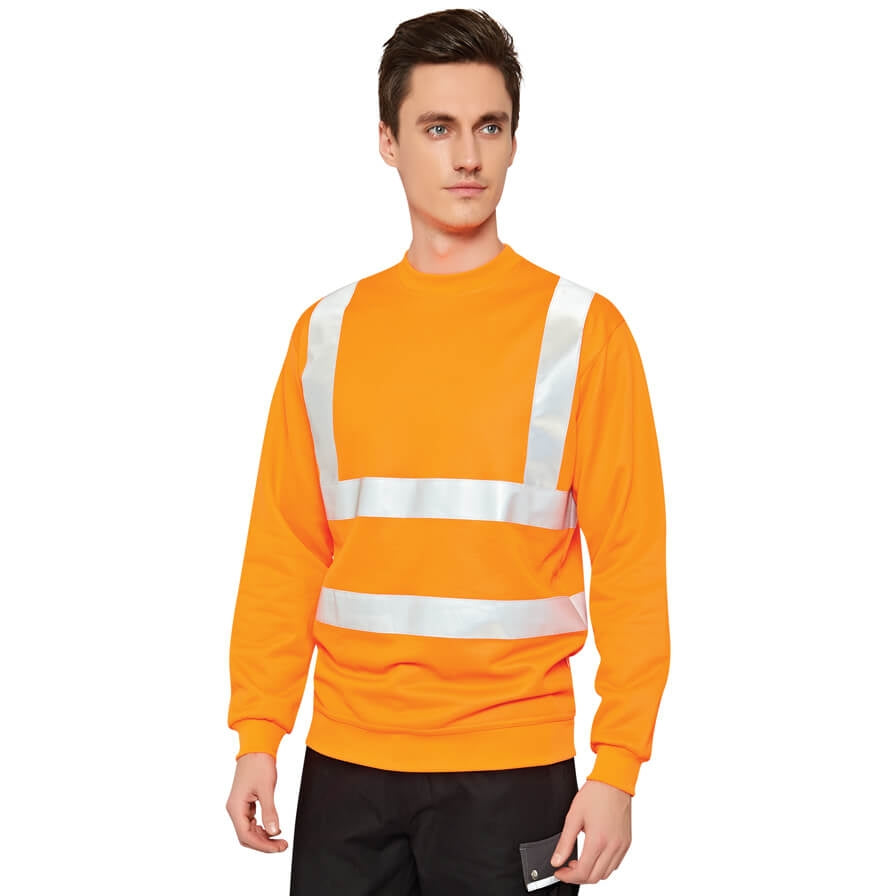 Warnschutz-Sweatshirt Orange mit reflektierenden Querstreifen und Rundhalsausschnitt