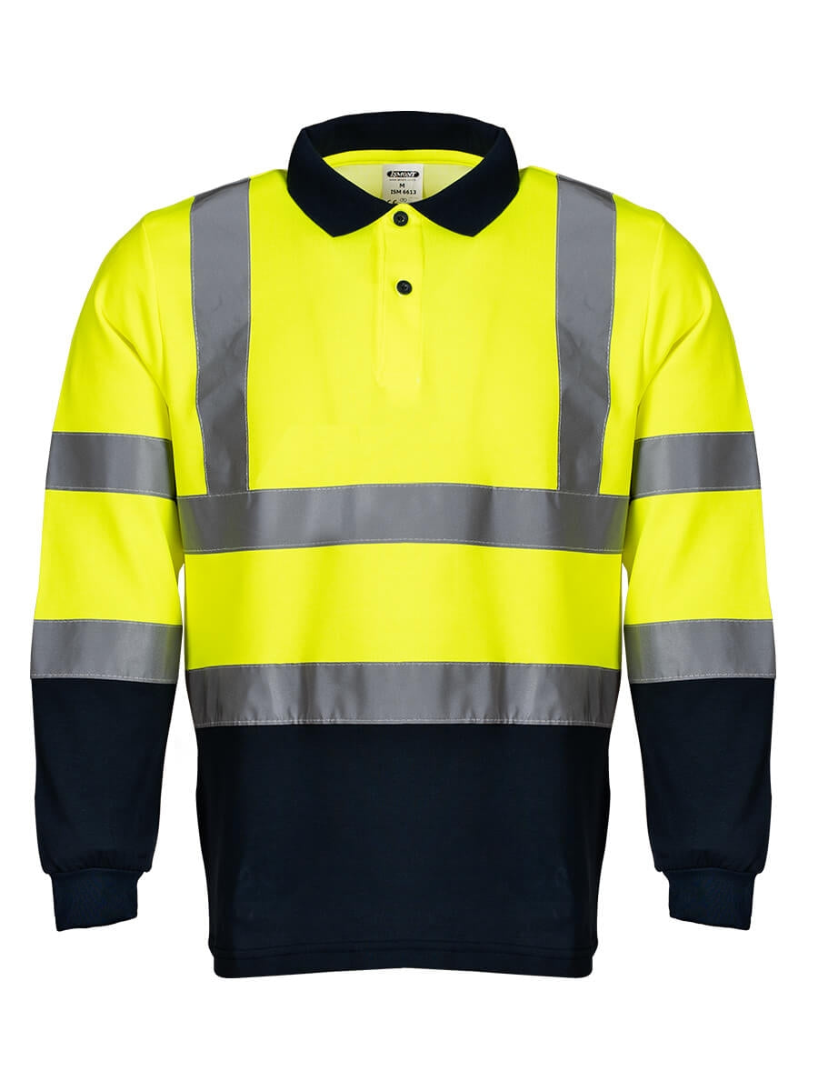 Langarm-Poloshirt: gelb mit marineblauen Bereichen, Reflexstreifen über Schultern und Brust