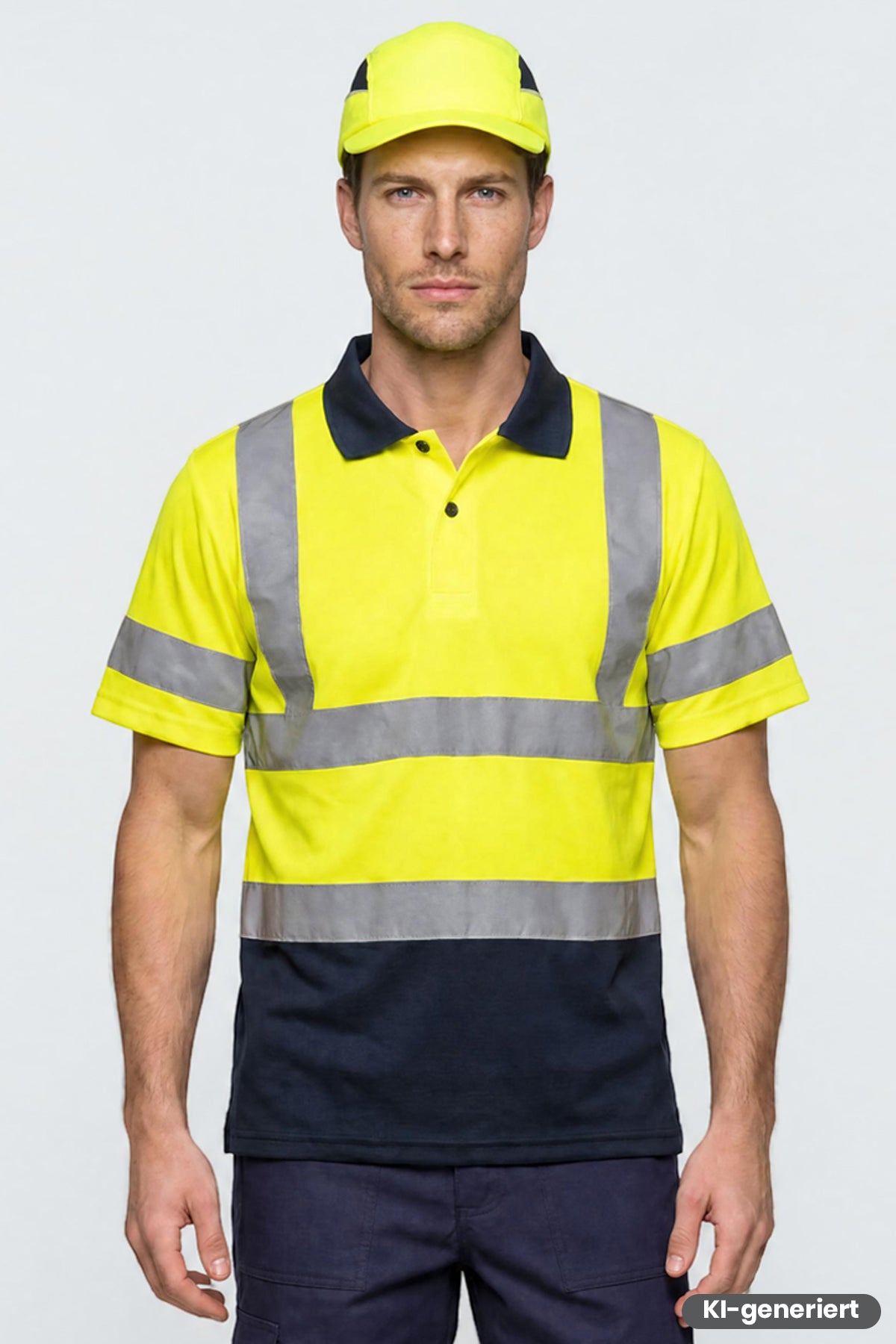 Zweifarbiges Polo-Shirt mit Reflexstreifen, gelb und dunkelblau, Knopfleiste