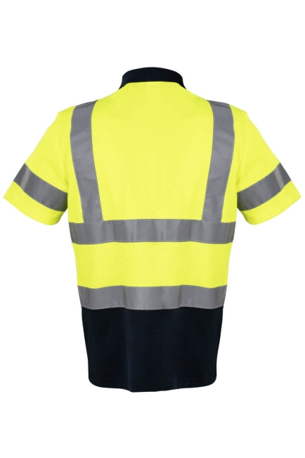 Polo-Shirt Rückansicht mit breiten Reflexstreifen, gelb und dunkelblau