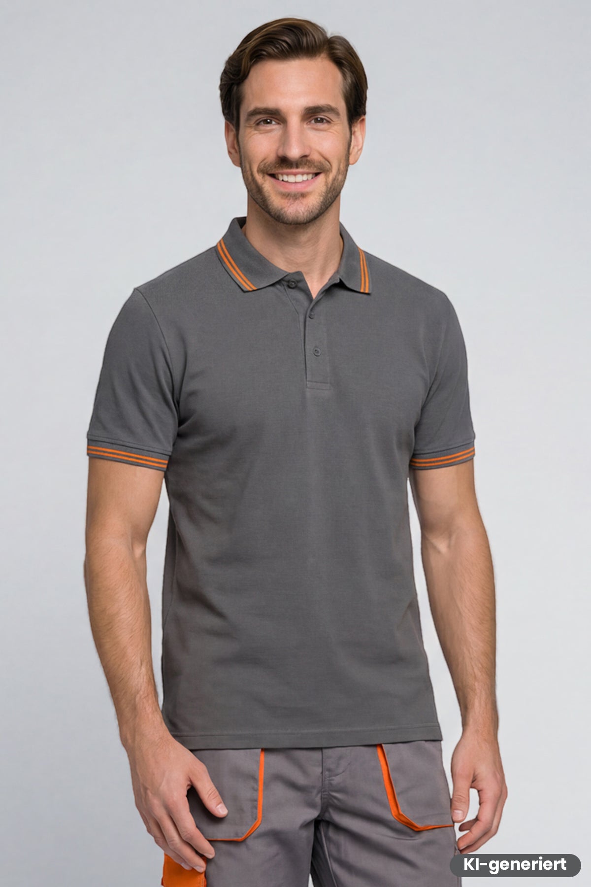 Antrazitfarbenes Poloshirt mit orangefarbenen Kontraststreifen am Kragen und Ärmelbündchen