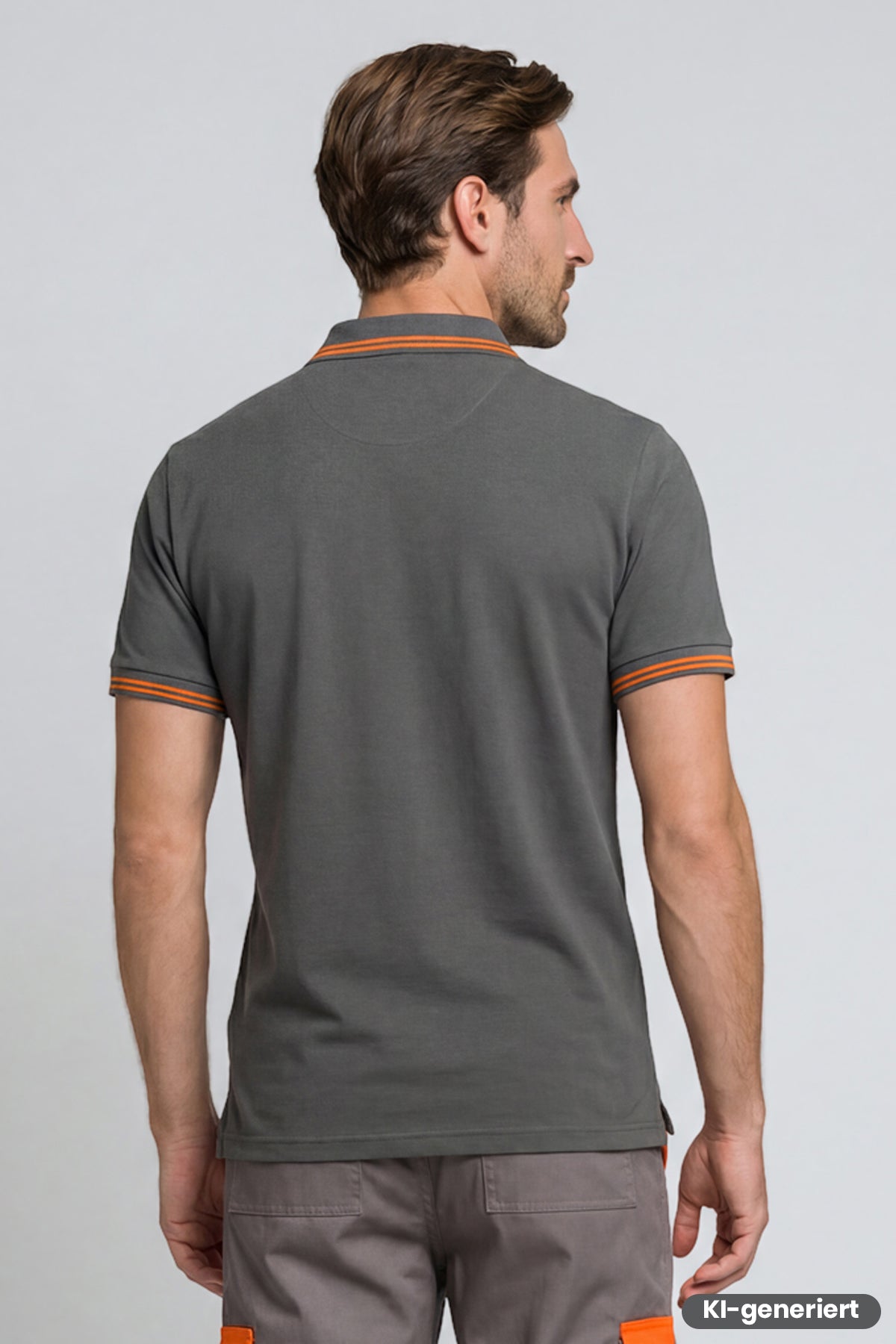 Antrazitfarbenes Poloshirt hinten mit orangefarbenen Kontraststreifen an Kragen und Ärmeln