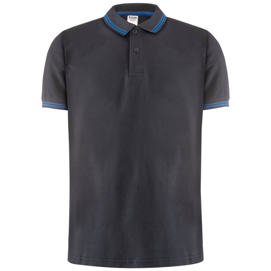 Kontrast-Poloshirt aus dunkelgrauem Jersey mit blauem Kragen und Ärmelsaum
