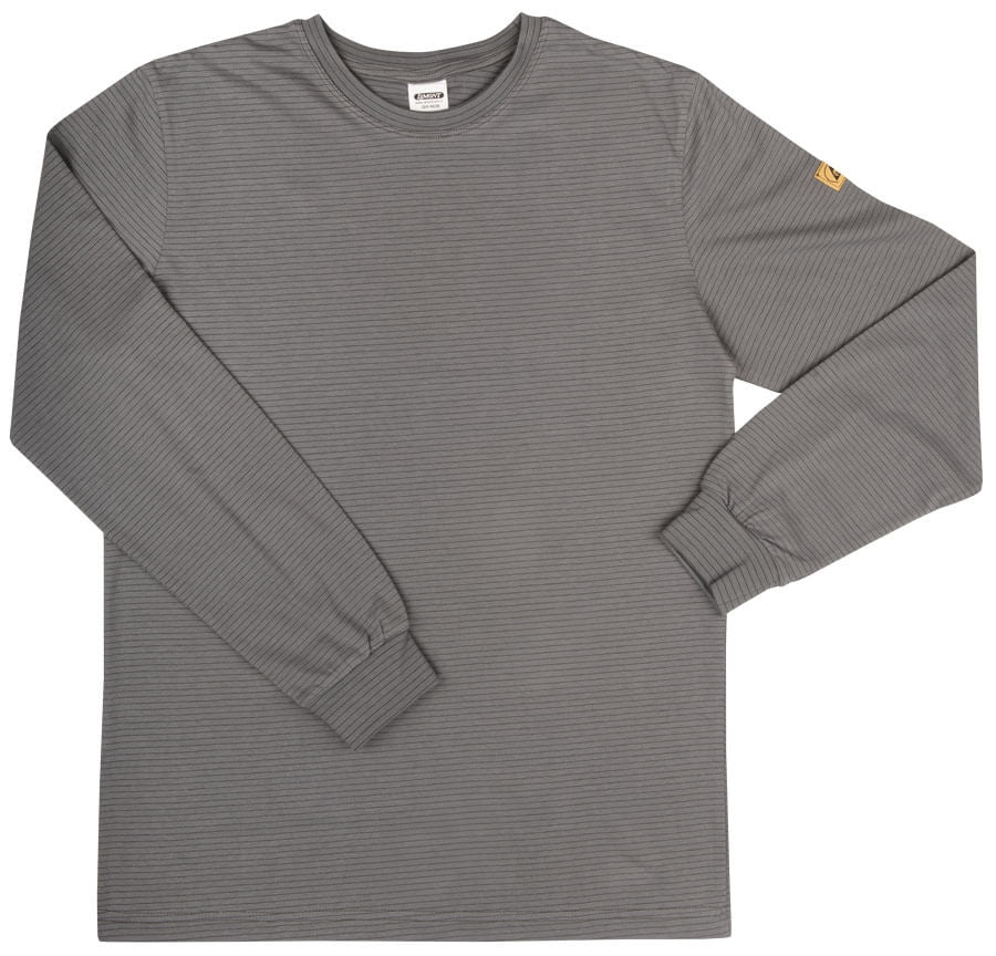 ESD-Langarm-T-Shirt grau mit Rundhalsausschnitt, geripptem Saum und gelbem Logo