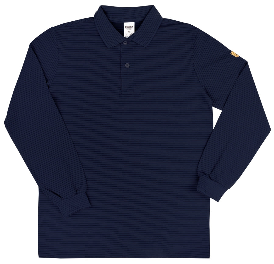 Marineblaue Langarm-Poloshirt mit Knopfleiste und Kragen, gestreiftes Feinstruktur-Muster