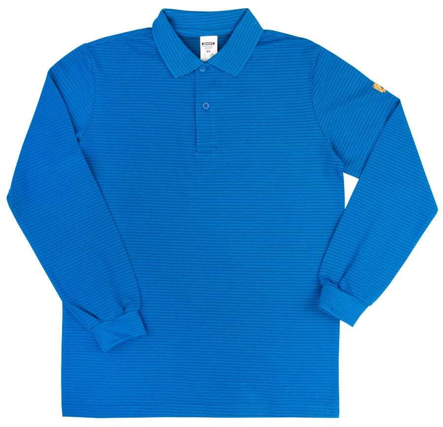 Langarm-Poloshirt aus blauem Stoff mit feinen Streifen, Knopfleiste und Kragen